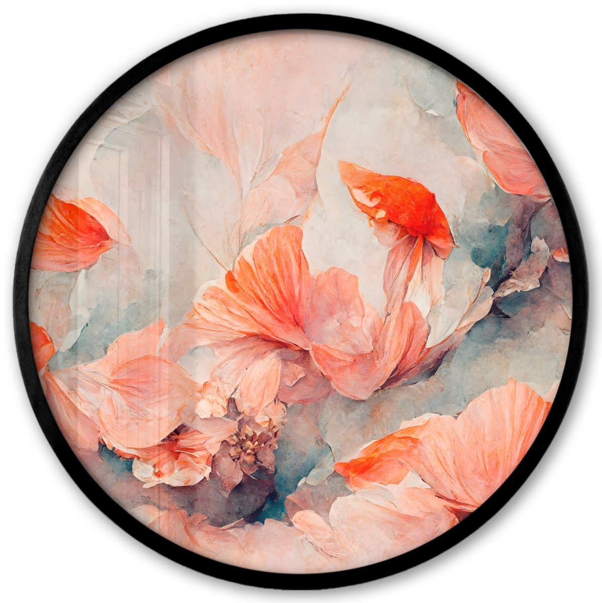 Poster in lijst Rond - Fotolijst 40x40 cm - Posters - Bloemen - Bladeren - Planten - Roze - Ronde posterlijst zwart - Decoratie - Wanddecoratie woonkamer - Muurdecoratie slaapkamer