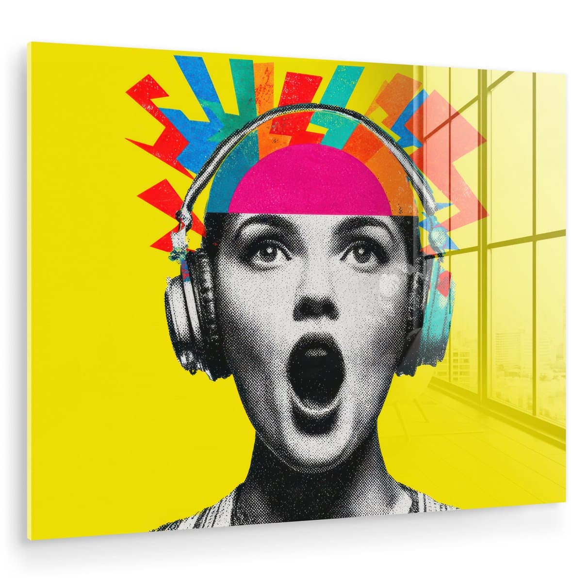 MuchoWow® Glasschilderij 80x60 cm - Schilderij acrylglas - Vrouw - Koptelefoon - Geel - Foto op glas - Muurdecoratie woonkamer - Wanddecoratie slaapkamer - Schilderijen