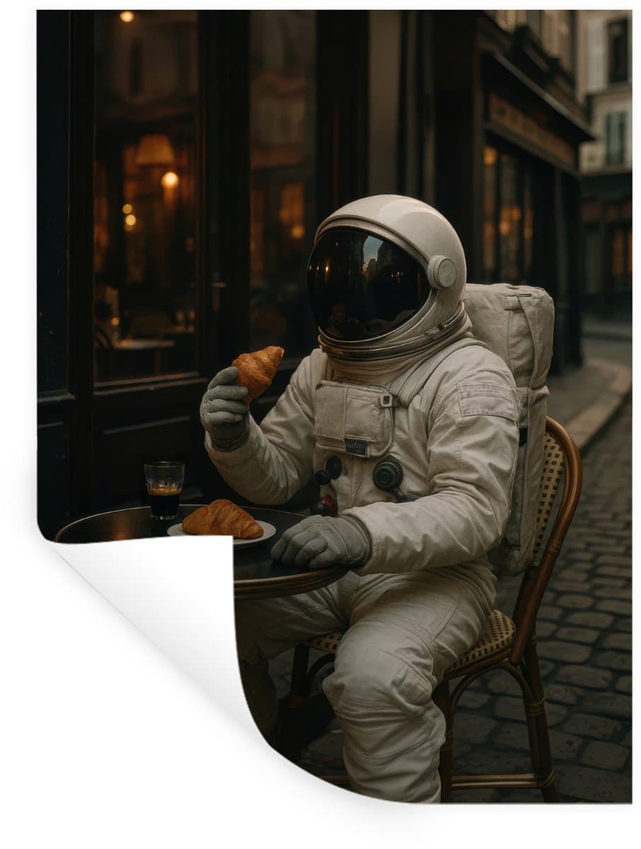 Muurstickers - Sticker Folie - Café - Croissant - Koffie - Astronaut - 120x160 cm - Plakfolie - Muurstickers Kinderkamer - Zelfklevend Behang XXL - Zelfklevend behangpapier - Stickerfolie