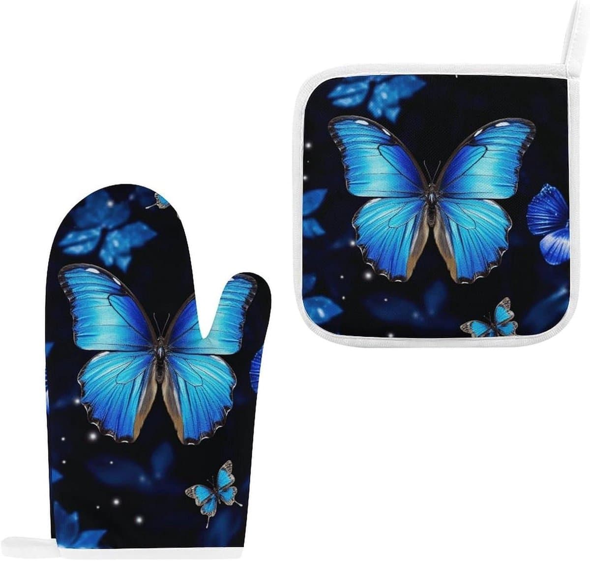 Ovenwanten Set - Keukenhandschoenen Pannenlappen - Hittebescherming Keuken - Antislip Buitenkant - 27.9 x 14.5 cm - Blauwe Vlinder