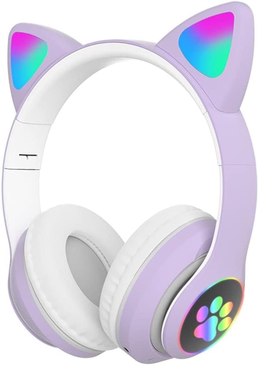 Kinderhoofdtelefoon met microfoon, geschikt voor kinderen, tieners en volwassenen. Hoofdtelefoon met kattenoortjes, geschikt voor meisjes en vrouwen (paars).