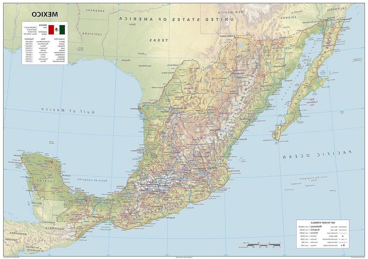 Gedetailleerde fysieke kaart - Mexico plattegrond - Educatief gebruik - Levendige kleuren - 61 x 43 cm - Meerdere kleuren