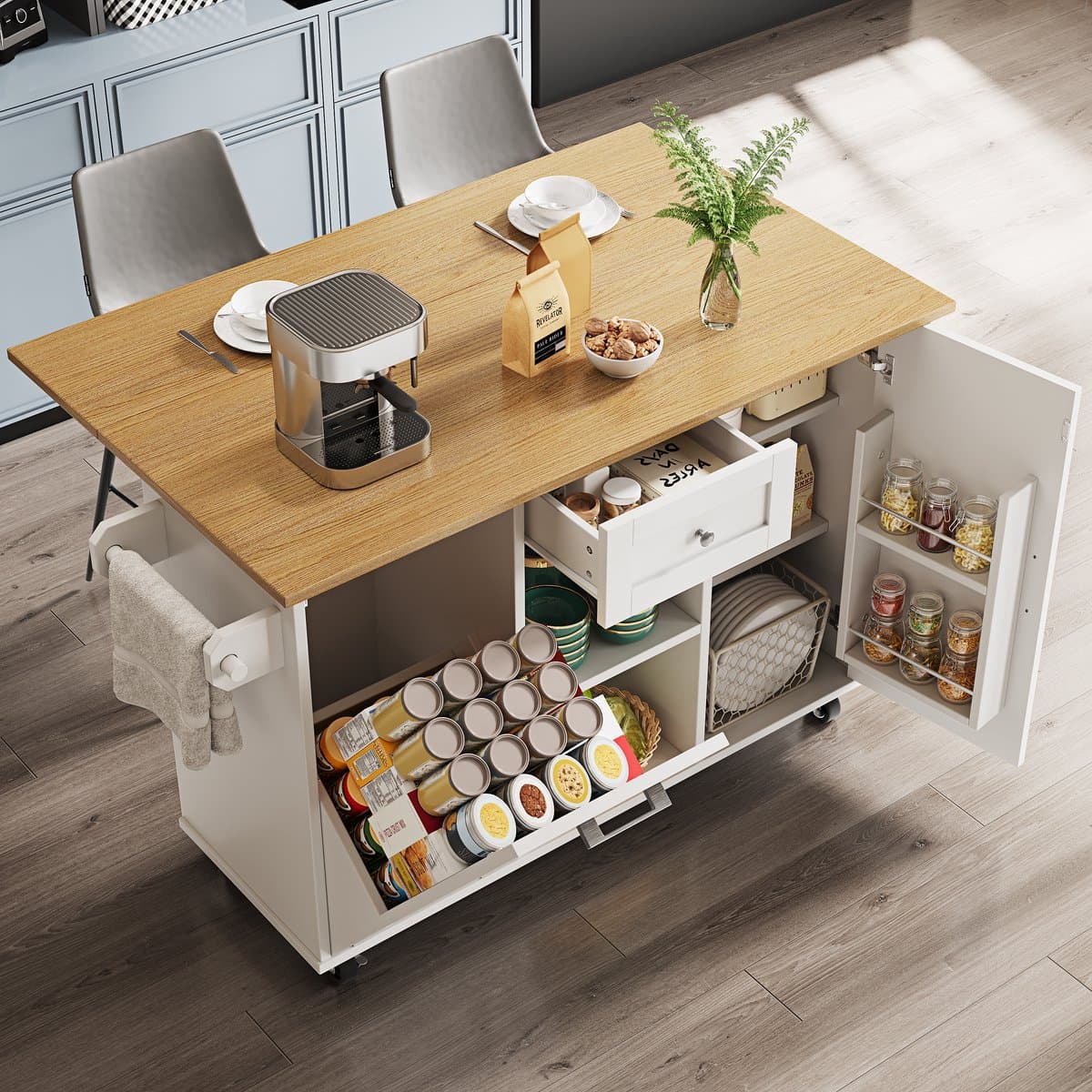 HAUSS SPOLE Keukeneiland - Multifunctionele Keukenkast Met Klapdeuren En Ruime Opbergruimte - 2 Vastzetbare Wielen En 3 Zwenkwielen - MDF - 142x63x87 cm - Wit
