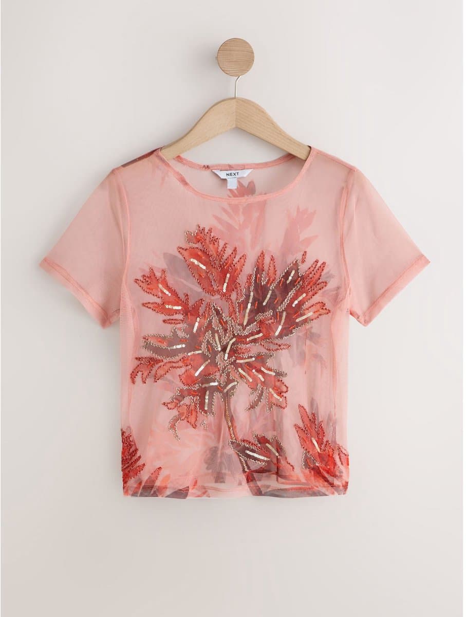Next Mesh top met korte mouwen en kralen