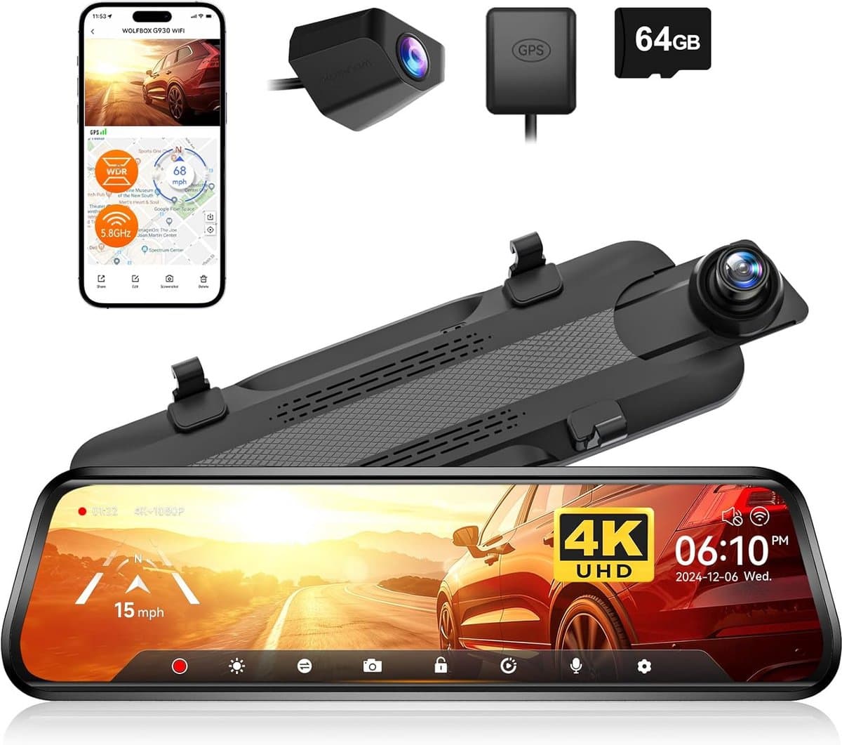 4K Achteruitkijkspiegelcamera met Dash Cam voor Voorkant en Achterkant voor Auto met 64GB