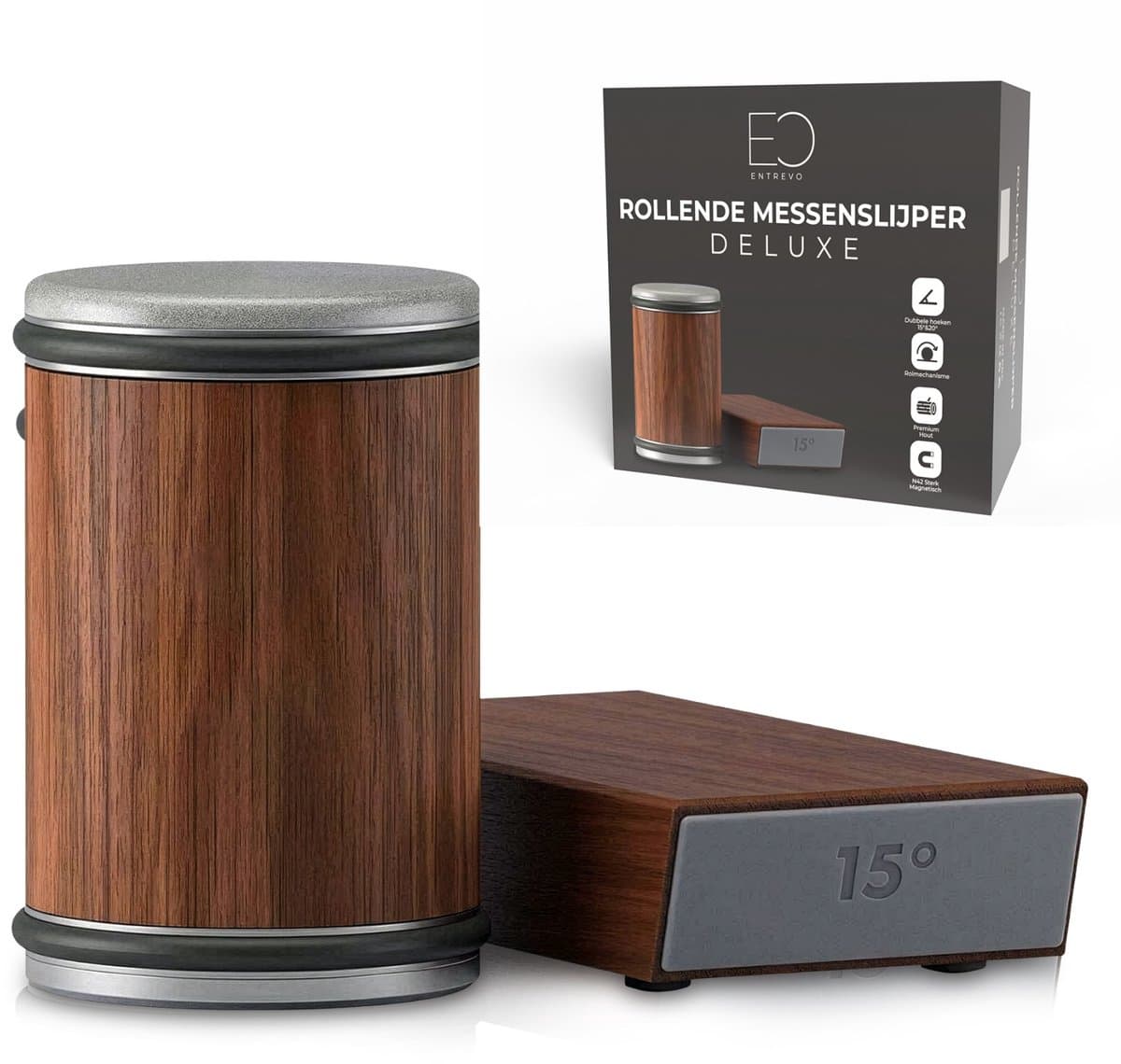 ENTREVO® Rollende Messenslijper – Vaderdag Cadeau – Rollend Messenslijpsysteem met Diamantschijf – Houtkleurig – Slijphoeken 15° en 20°