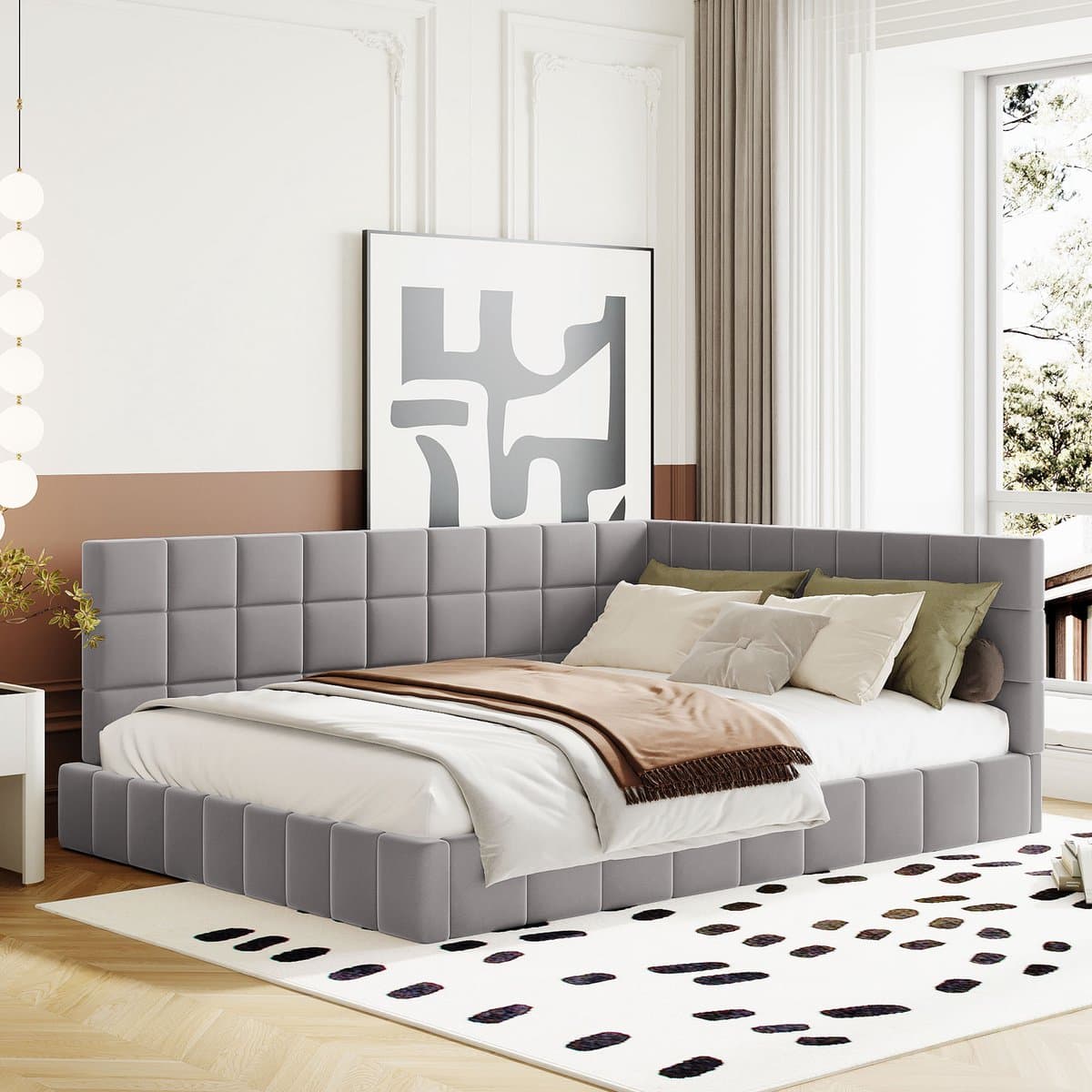 MIVRAY Gestoffeerd Daybed 140x200cm - Bed En Zitbank Met Lattenbodem - Omkeerbare Rugleuning - Stof - Grijs - Zonder Matras