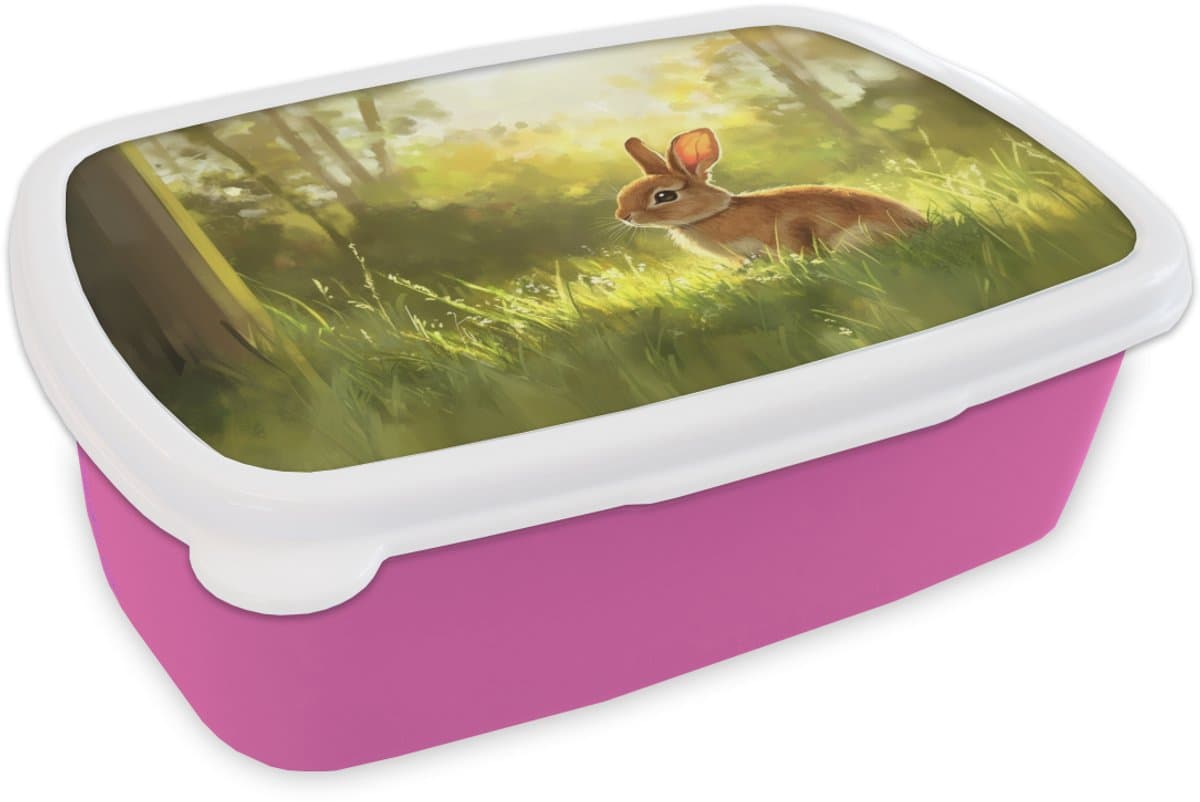 Broodtrommel Roze - Lunchbox Konijn - Zonlicht - Bos - Brooddoos 18x12x6 cm - Brood lunch box - Broodtrommels voor kinderen en volwassenen