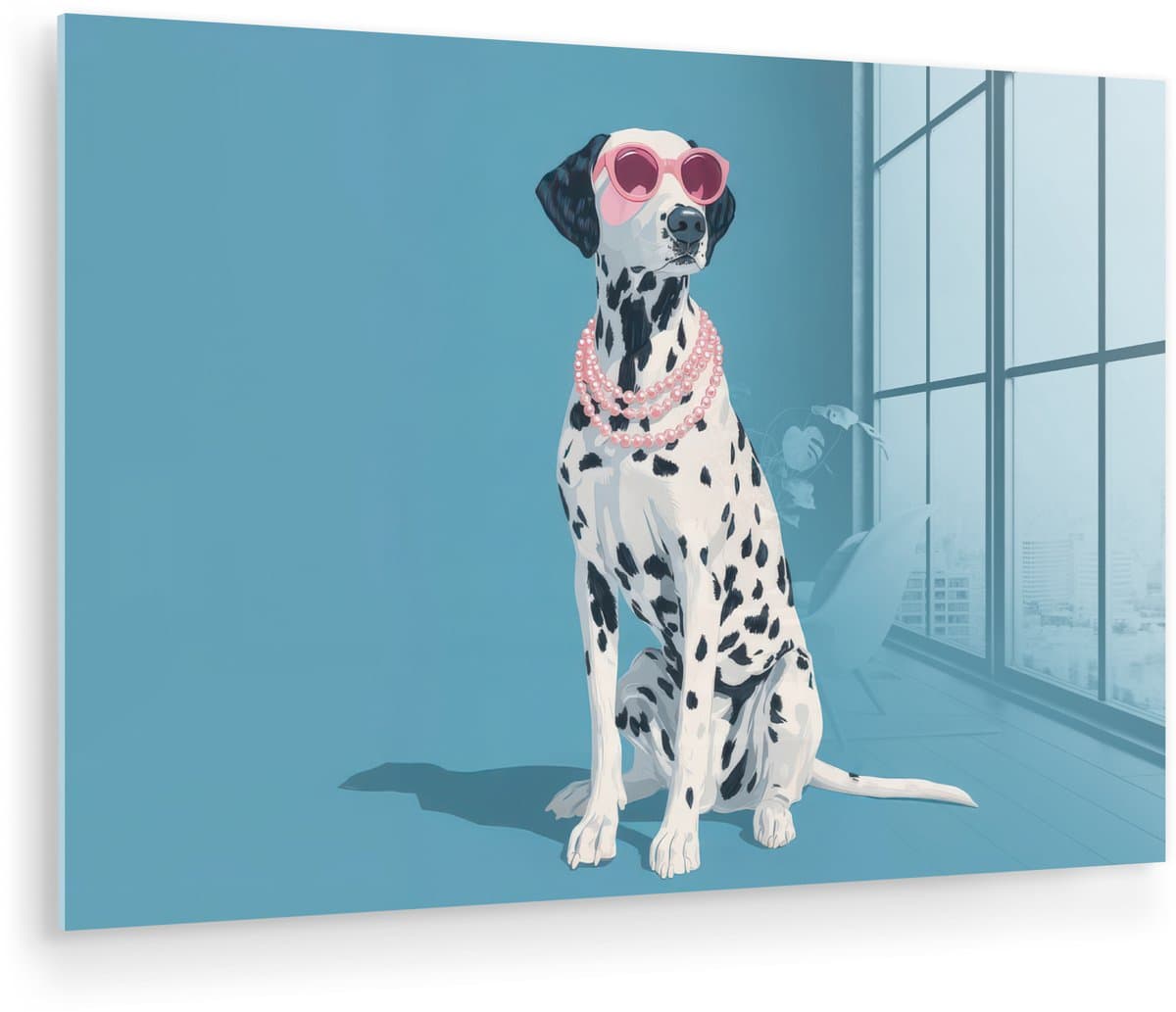 MuchoWow® Glasschilderij 150x100 cm - Schilderij acrylglas - Dalmatiër - Zonnebril - Blauw - Foto op glas - Muurdecoratie woonkamer - Wanddecoratie slaapkamer - Schilderijen