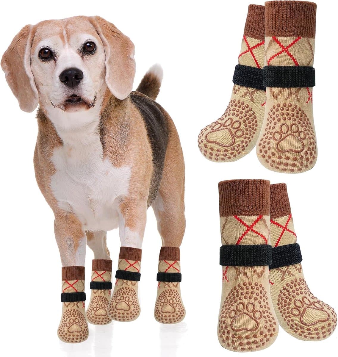 hondensekken anti-slip, 2 paar pootbescherming hond verwonding, verstelbare sokken voor honden flexibele antislipsokken hond voor binnen en buiten geschikt (Bruin-M)