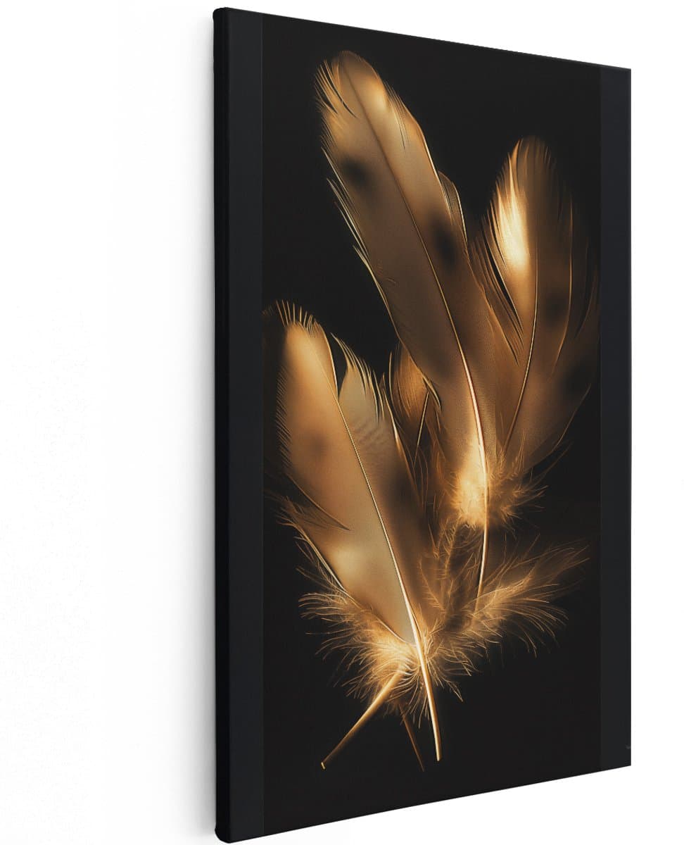 Artaza Canvas Schilderij Gouden Veren op een Zwarte Achtergrond - 100x150 cm - Groot - Wanddecoratie Woonkamer - Schilderijen - Muurdecoratie