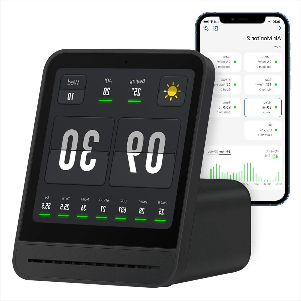 Luchtkwaliteit Monitor - Luchtmeter Apparaat - Binnenklimaat Controleren - 7 Metingen Touchscreen - 4 Inch Display - Zwart