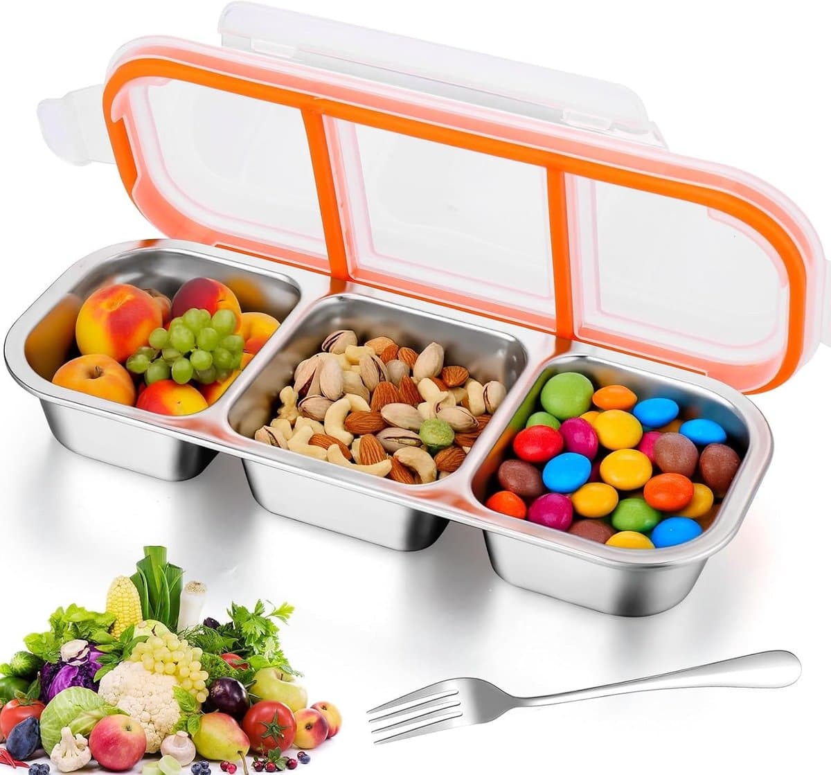 Snackdoos met Compartimenten, RVS Snackplate met 3 Compartimenten, Ideaal voor Snoep, Noten en Groenten, Inclusief Bestek en Deksel, Handig voor Lunch en Tussendoortjes