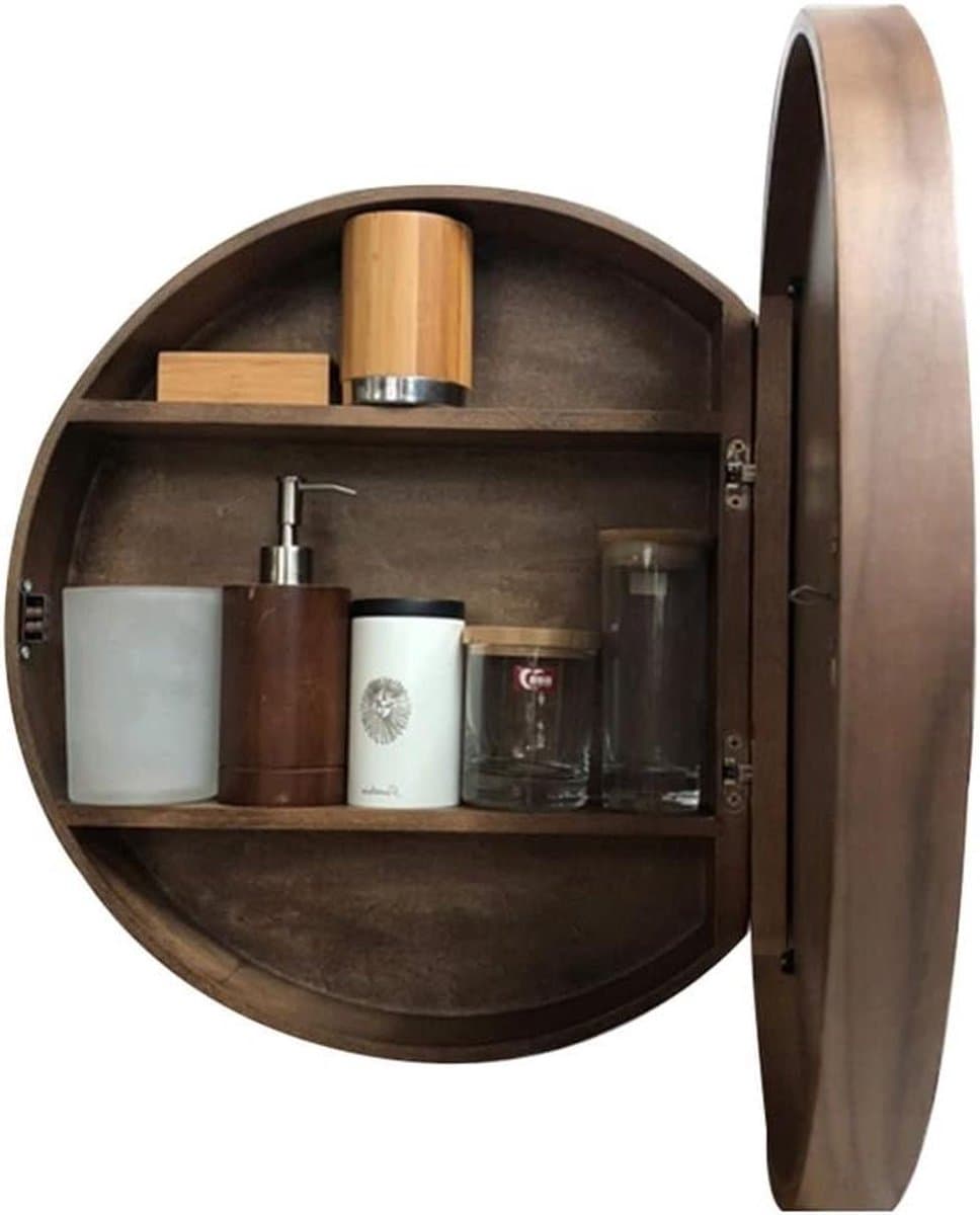 Badkamerspiegelkast Rond - Medicijnkast Spiegelkast - Opbergen Badkamer - Met Deuropener - 50 cm - Walnootkleur