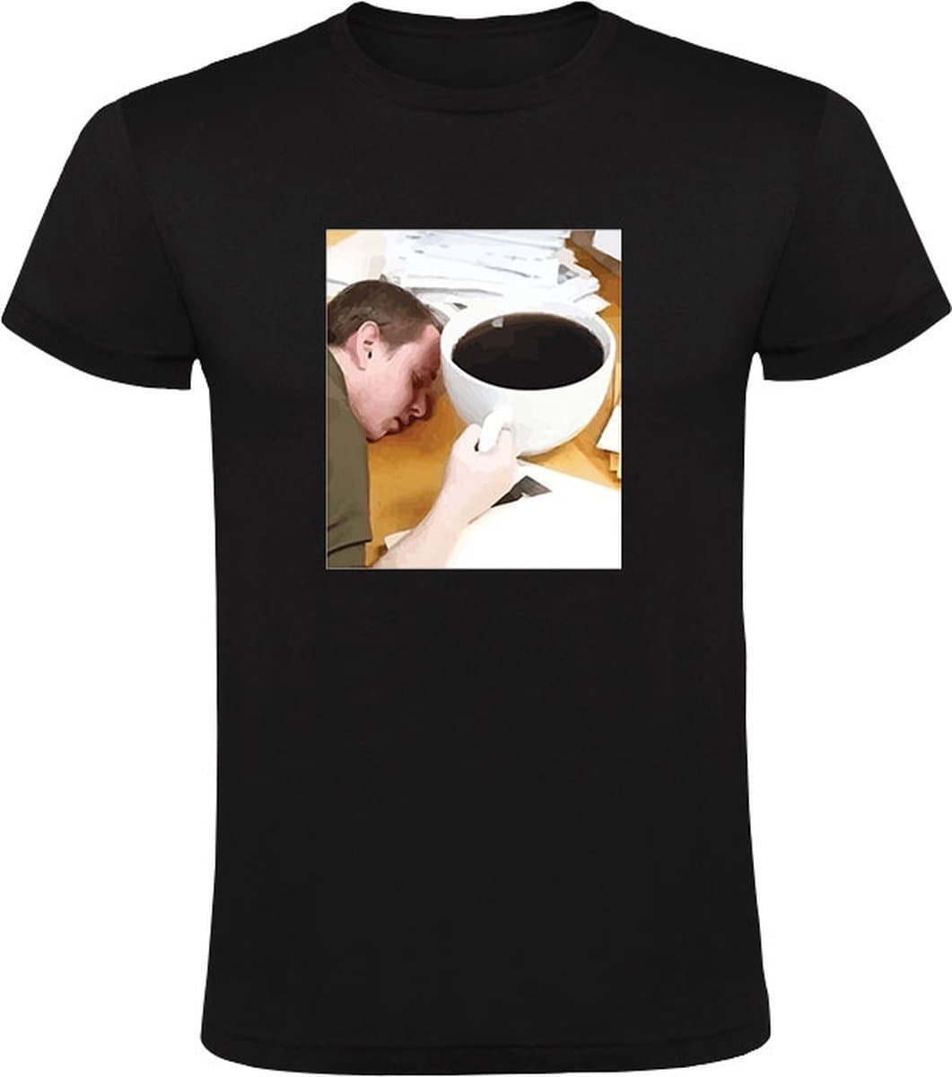 Kop koffie Heren T-shirt - groot - bureau - slapen - werken - vermoeid - kantoor - dronken - mok - stress - humor - grappig