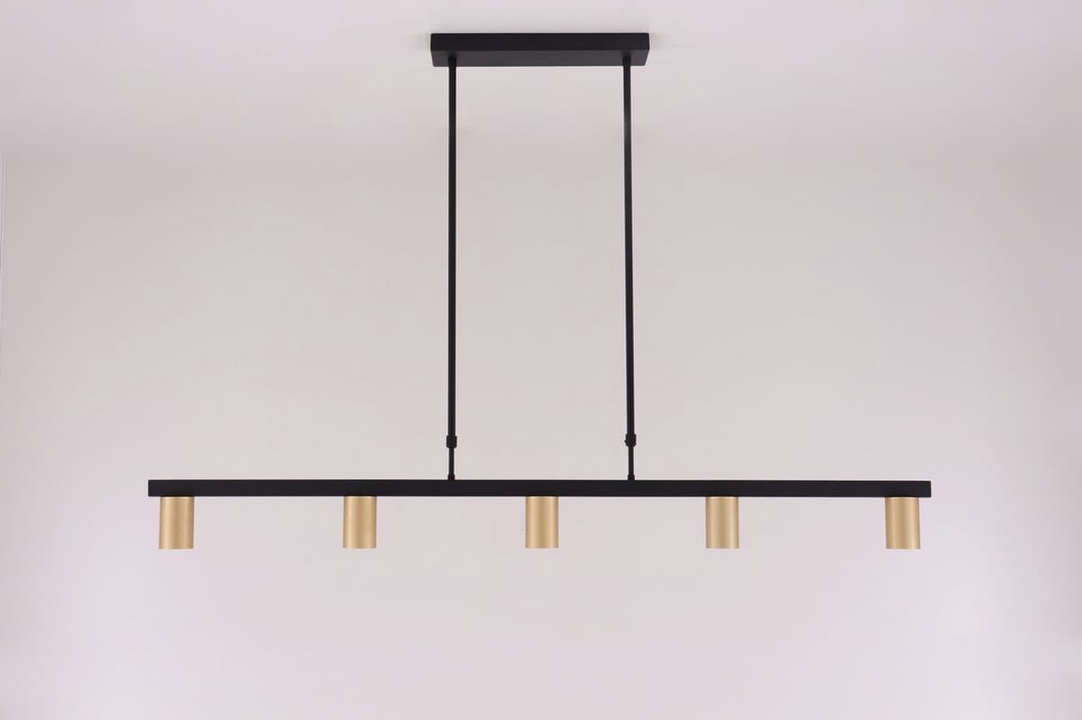 Hanglamp strak zwart met 5 gouden Gu10 spots - 140cm