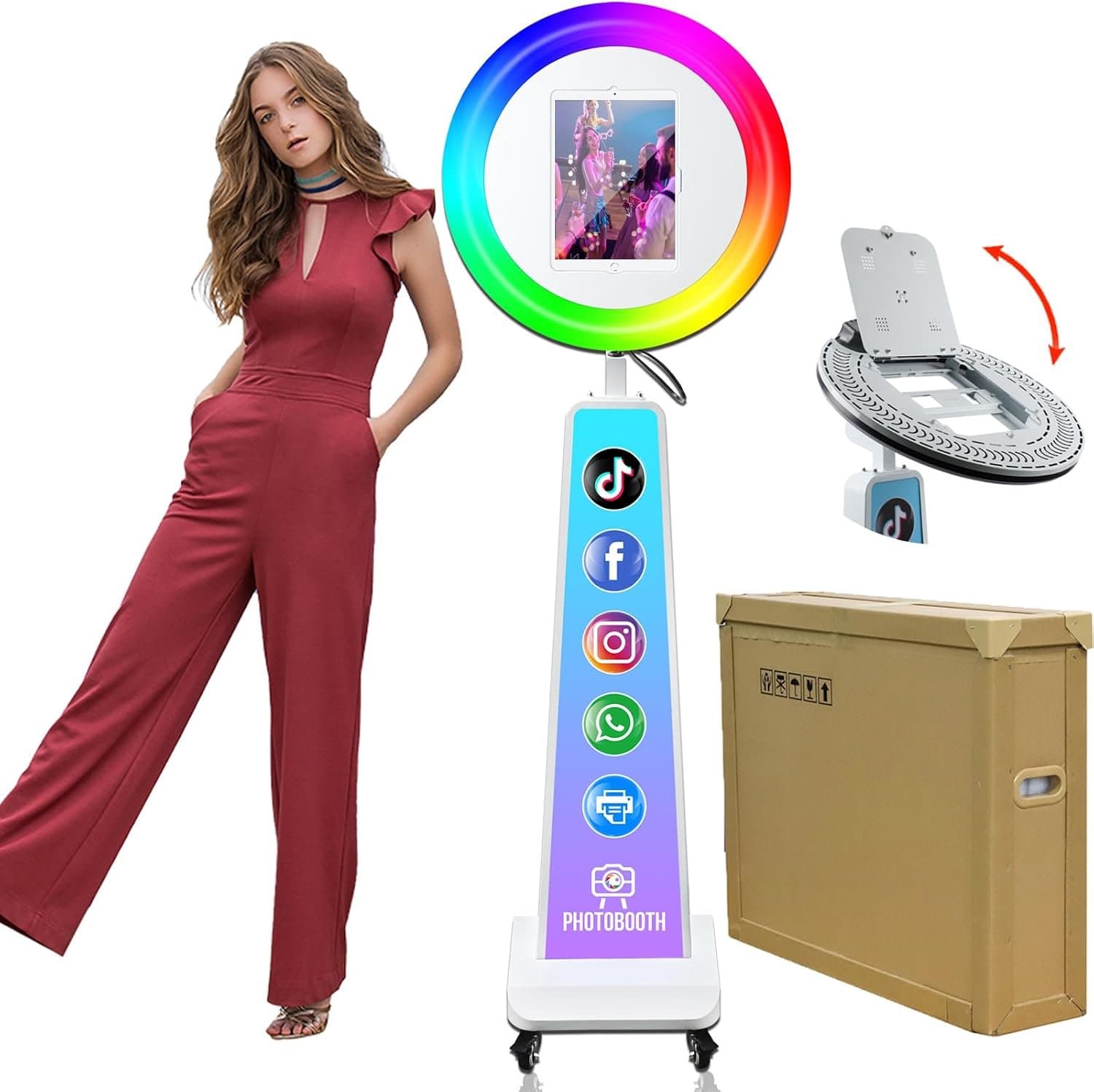 Fotoautomaat voor iPad, 10,2 inch, 10,9 inch, 11 inch, 12,9 inch, selfie-station-fotoautomaat met metalen behuizing, RGB-ringlicht, voor feestjes (wit)