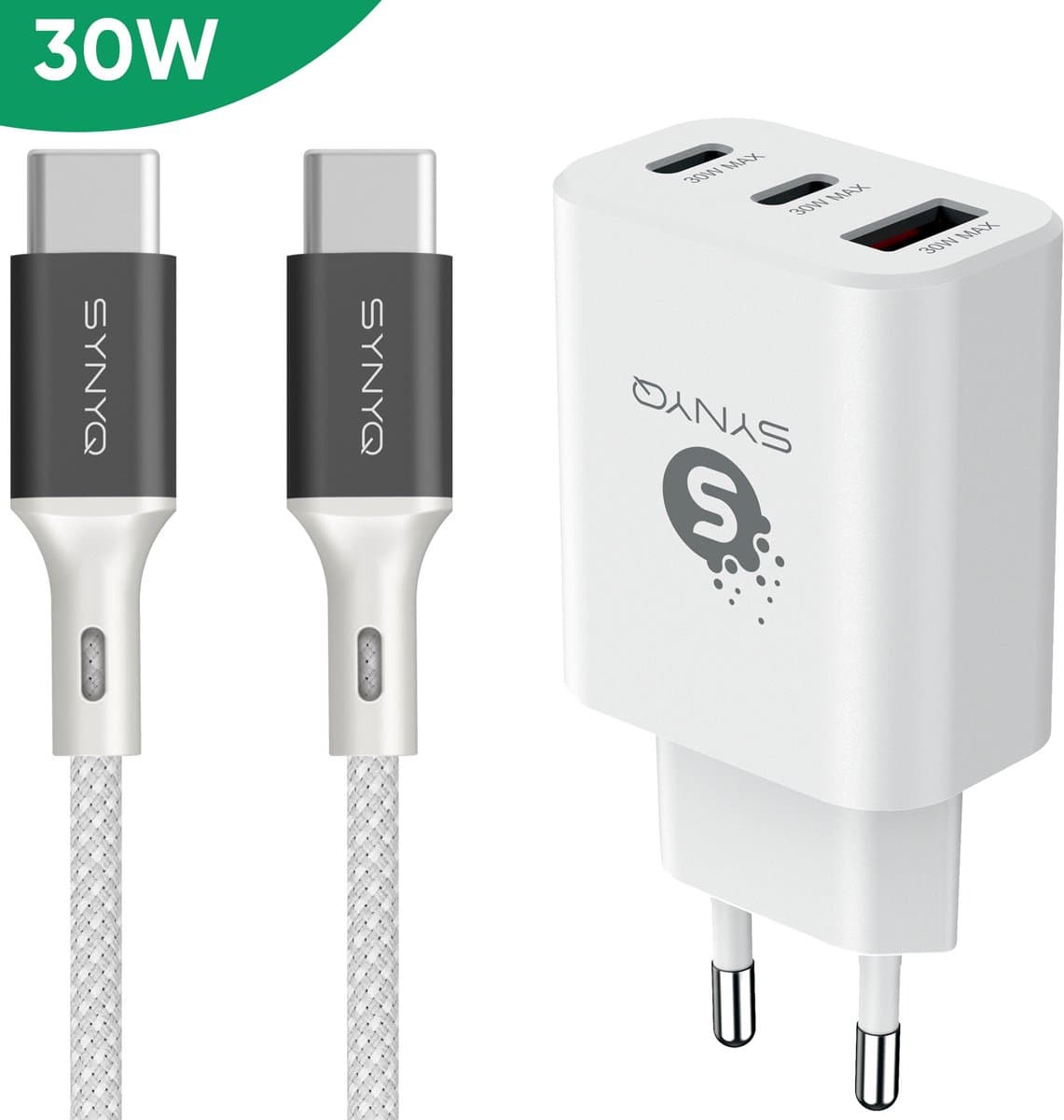 Synyq 30W GaN2 Snellader - 3 Poorten - 3m USB C oplaadkabel - Gecertificeerd - Snellader usb c - Usb c oplader - Usb c adapter - Usb c lader - Wit