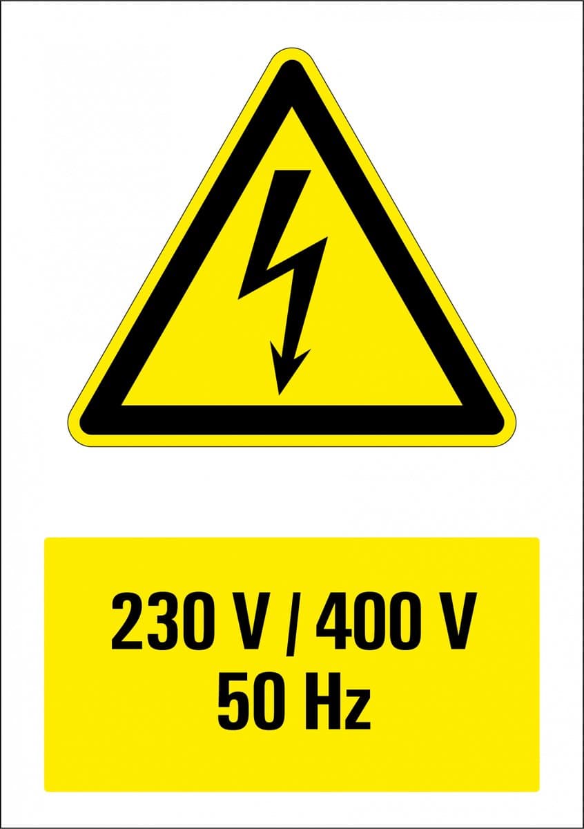 230 V / 400 V 50 Hz sticker met tekst 297 x 420 mm