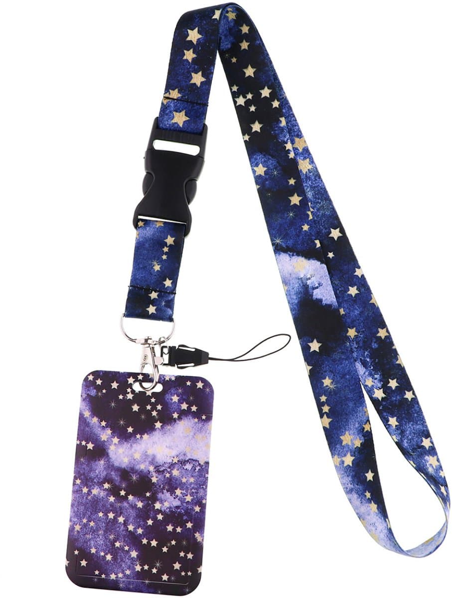 Travel Cords - keycord met pashouder Sterren Blauw - uitschuifbaar - galaxy - eenzijdig transparant venster - lanyard - passen, sleutels en telefoon - met telefooncord - hardcase