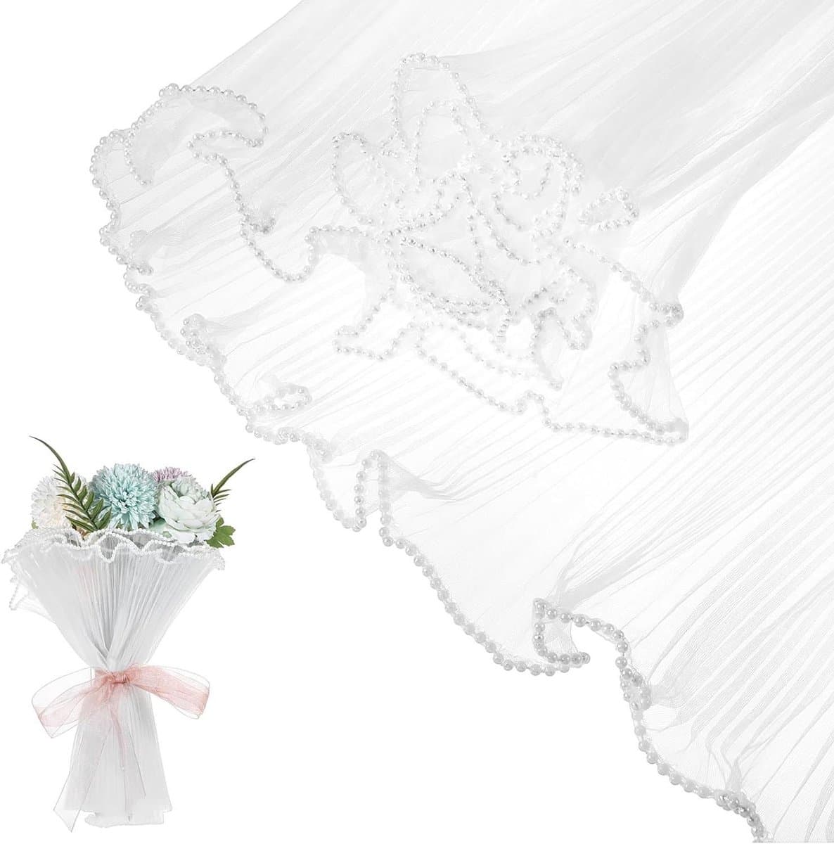 Flower Wedding Wrapping Paper - White Pearl Mesh with Pearl Edge Wrinkle - Ruched Yarn Translucent Wavy Net Floral Wrapping Paper for Valentine's Day and Mother's Day - 4m
