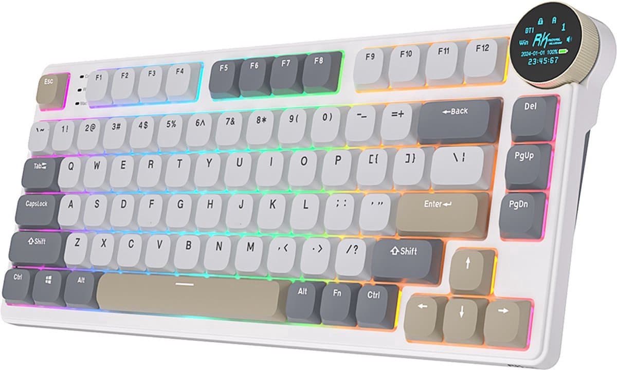 Royal Kludge RK N80 - Mechanisch Gaming Toetsenbord - RGB - Met Display - Foam Touch - Bluetooth - Hot Swappable Switch - Pearly Dawn - Red Switches - Inclusief Stofkap
