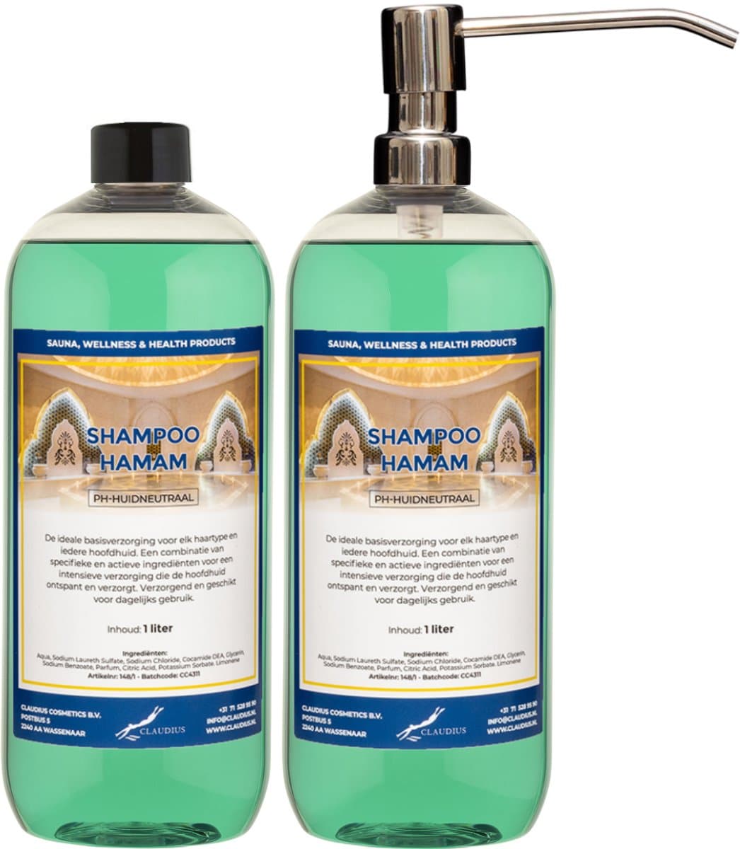 Shampoo Hamam 1 liter met luxe RVS zilverkleurige pomp - set van 2 stuks - voordeelverpakking - haarverzorging