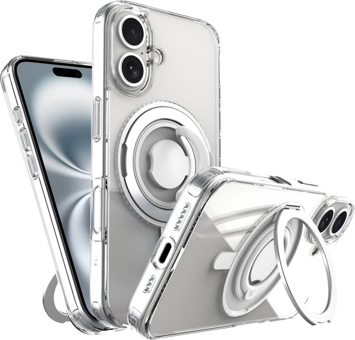 My Case Hoesje – Geschikt voor iPhone 16 - Geschikt voor MagSafe – 360 graden Draaibare Telefoonhouder standaard – Transparant