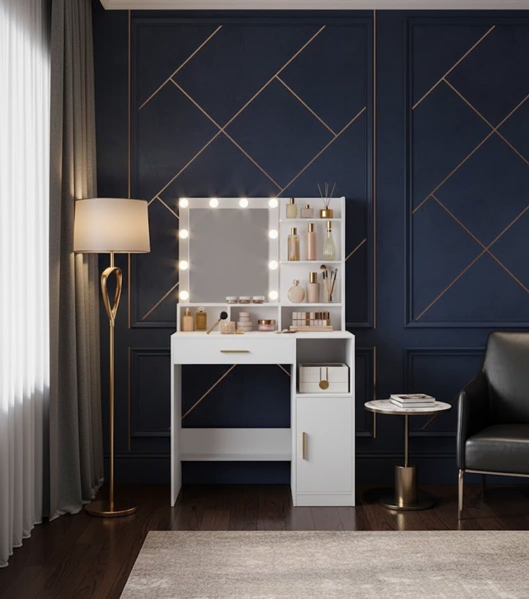 Elegante Kaptafel met Spiegel en 10 LED Verlichting, Verstelbare Lichtsterkte, Grote Opslagruimte en 3 Planken - Modern Wit Design – Novihome