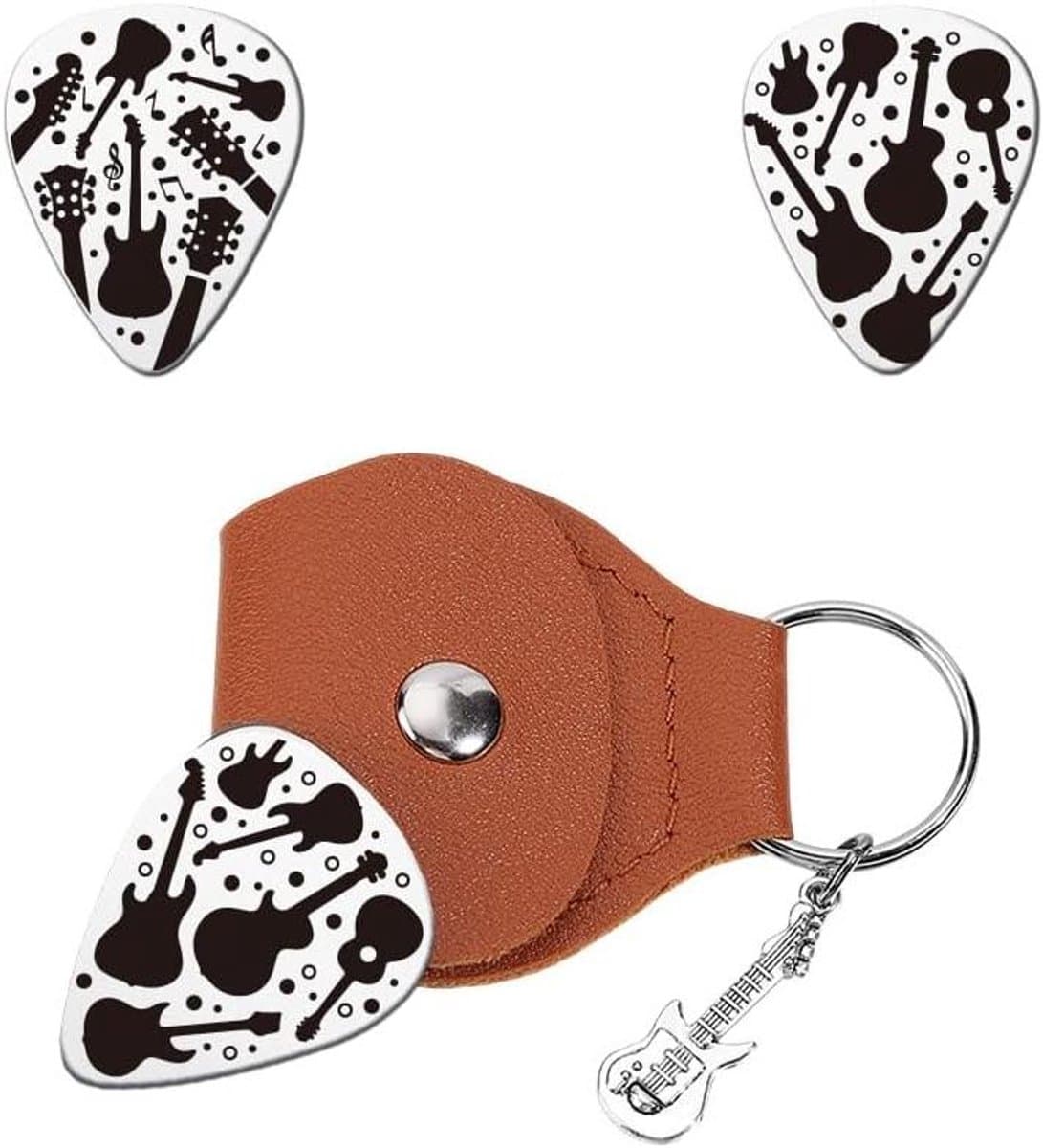 TTGoods - Gepersonaliseerde Gitaar Picks Sleutelhanger Set van 2 - Rvs Pick in PU Lederen Case - Plectrum Cadeau voor Gitarist - Verjaardagsgeschenk