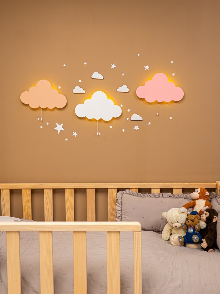 CozyCollections - Houten LED Nachtlamp - Wandlamp - Wolk nachtlampenset set - Muurlamp - Nachtlampje kinderen - Nachtlampje baby
