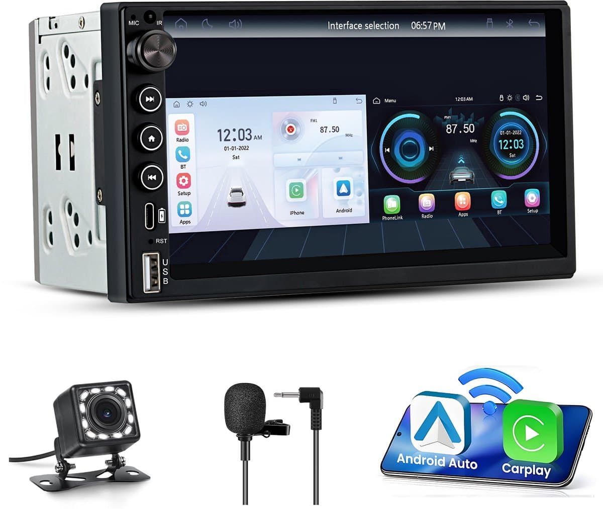 JUNSUN 7 inch 2DIN Autoradio met Draadloze Carplay & Android Auto - IPS Scherm (1024x600) + Achteruitrijcamera + Bedieningsknop + Installatieset + Microfoon + USB + FM Radio