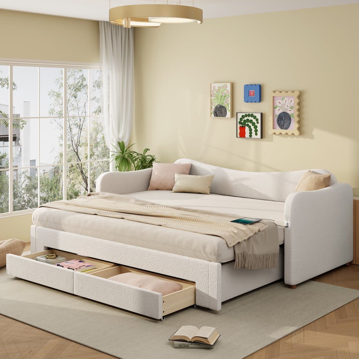 Sweiko Slaapbank - 90/180 x 200 cm - Uitschuifbaar - 2 lades - Met USB-aansluiting - Bouclé - Beige