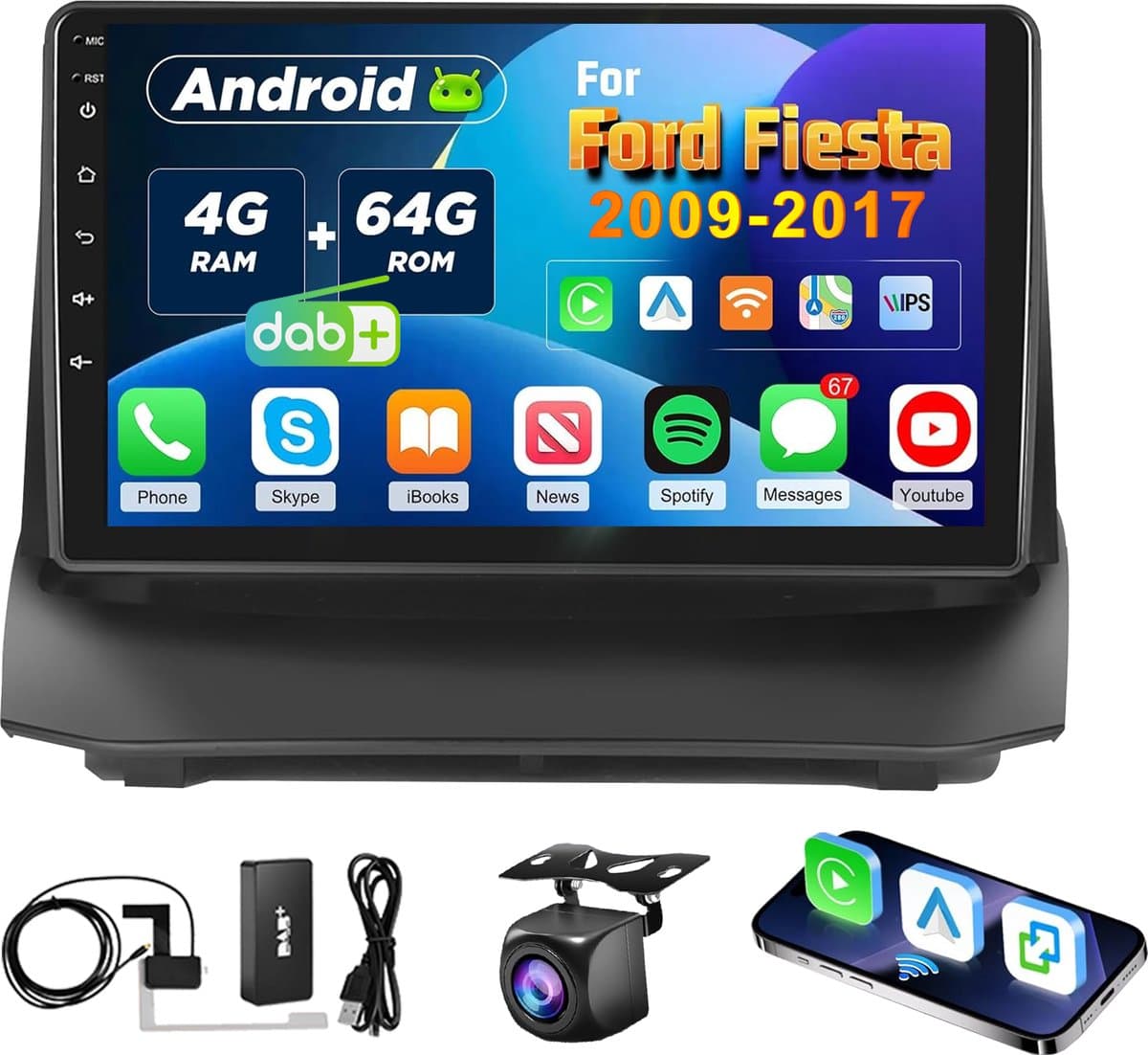 ESSGOO voor Ford Fiesta Carplay Autoradio - 2009-2017 - Android 15 4+64GB - 9" Touchscreen - GPS, Wifi, SWC - DAB & Achteruitrijcamera
