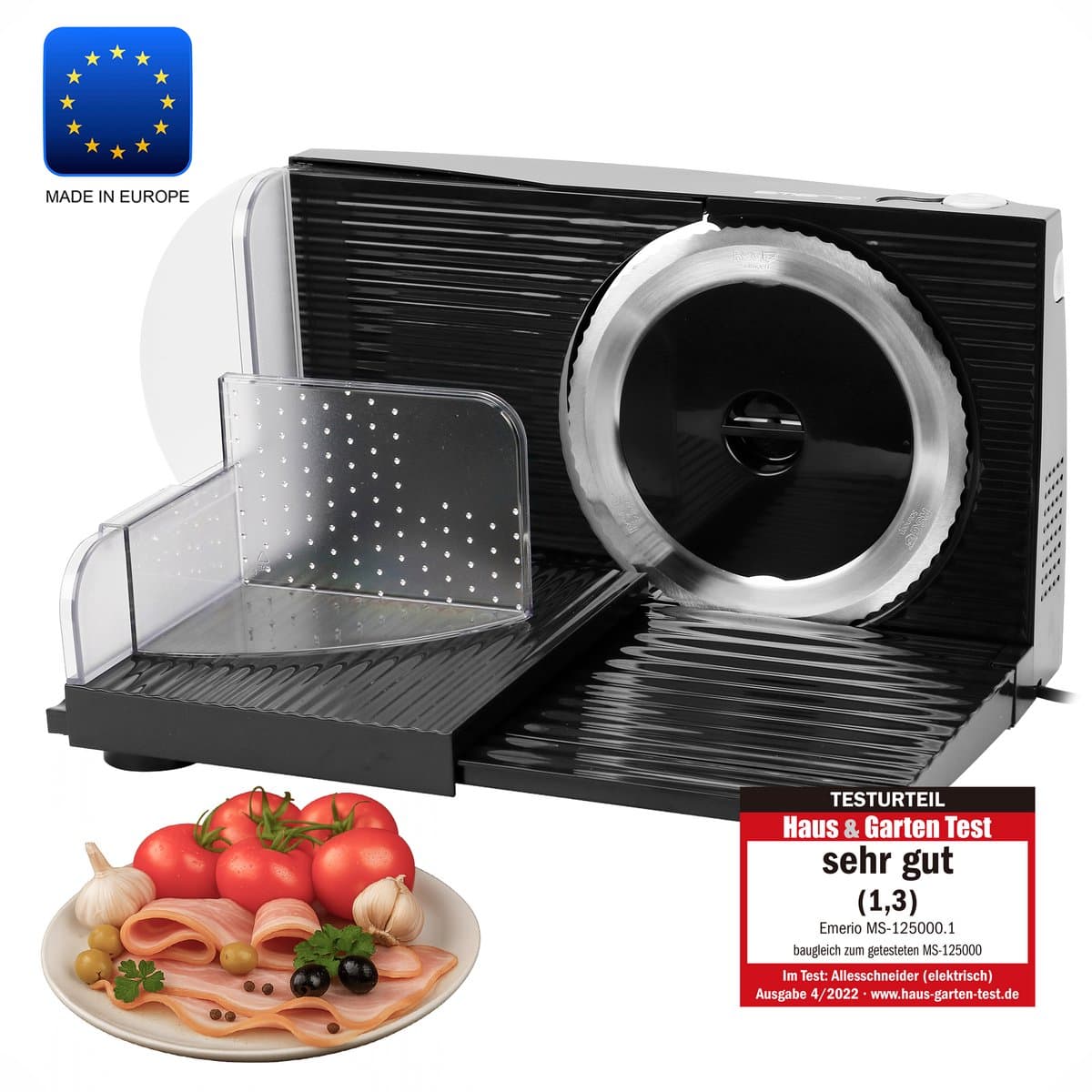 Emerio Multifunctionele Snijmachine - 100W, Dikte Verstelbaar 0-17mm - RVS Mes - Elektrische Snijmachine voor Brood, Kaas en Vlees - Broodsnijmachine Elektrisch - MS-125000.1 Allessnijder Zwart