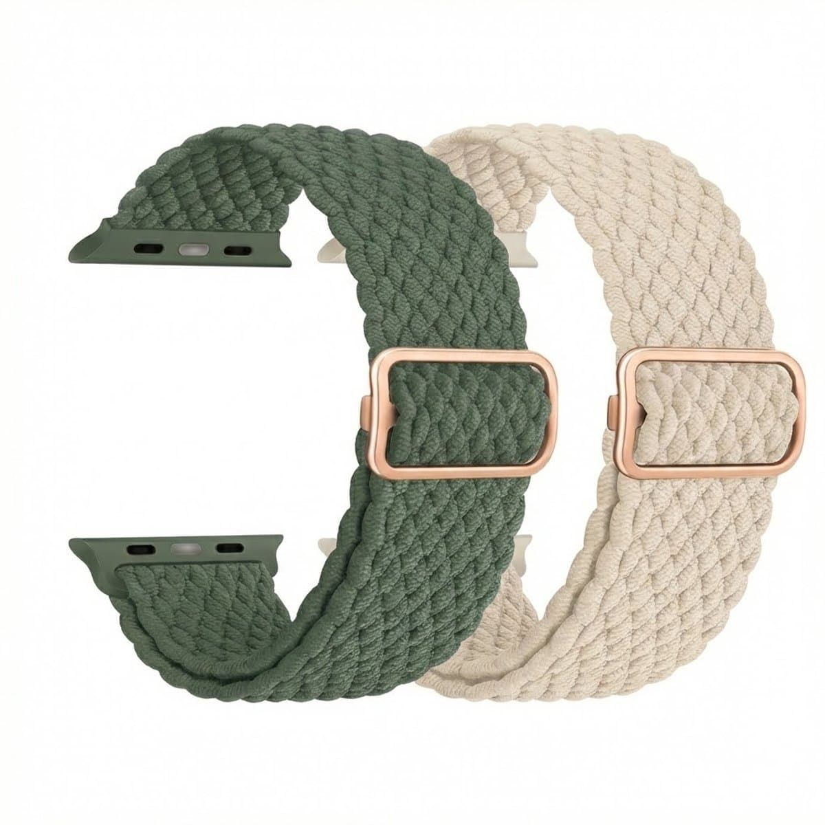 Beige groen nylon horloge band 2 pack dames heren geschikt voor Apple Watch 42mm (serie 1 / 2 / 3) / 44 mm / 45 mm / 46 mm (serie 10 / 11) / 49 mm (Ultra 1 / 2 / 3) – rekbare band – gevlochten verstelbare stijl