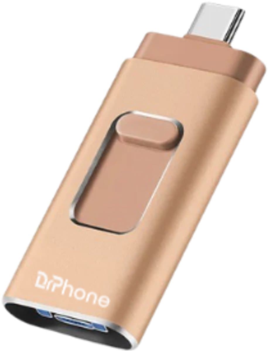 DrPhone EasyDrive - 512GB - 4 In 1 Flashdrive - OTG USB 3.0 + USB-C + Micro USB + Lightning iPhone - Android - Goud
