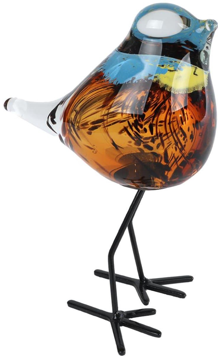 Handgemaakte glazen vogel bruin op metalen pootjes 15 cm – Luxe en uniek woonaccessoire - Housewarming cadeau