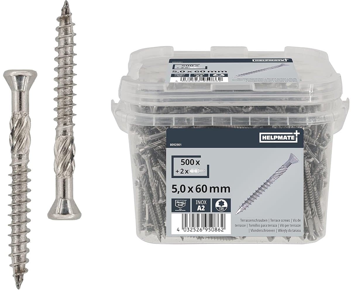 HELPMATE – Terrasschroeven 5x60 roestvrij staal A2 – 500 stuks plankenschroeven + 2 T25-bits – Terrasschroeven voor buitengebruik (terrasbouw, tuinhuisjes, houtconstructies enz.)