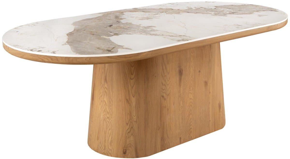 Ovale eettafel UNIQUE 200 cm wit natuurlijk keramiek eiken kolomvoet - 46381
