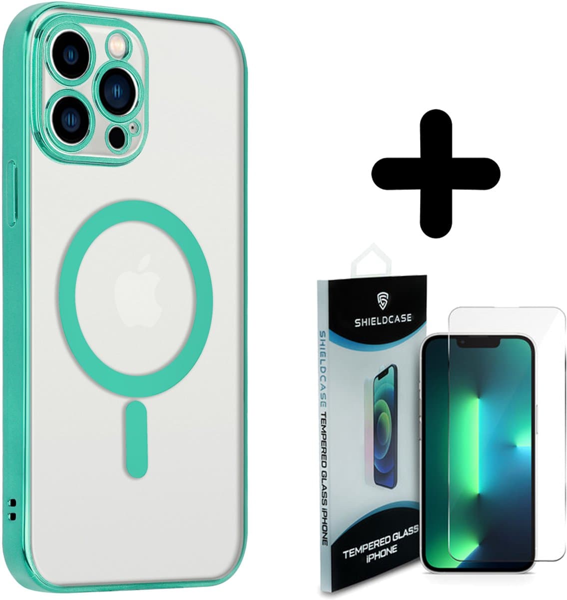 ShieldCase geschikt voor iPhone 14 Pro Max hoesje transparant Magneet metal coating (groen) + ShieldCase screenprotector - beschermglas iPhone bescherming - iPhone case bescherm hoesje + Screenprotector