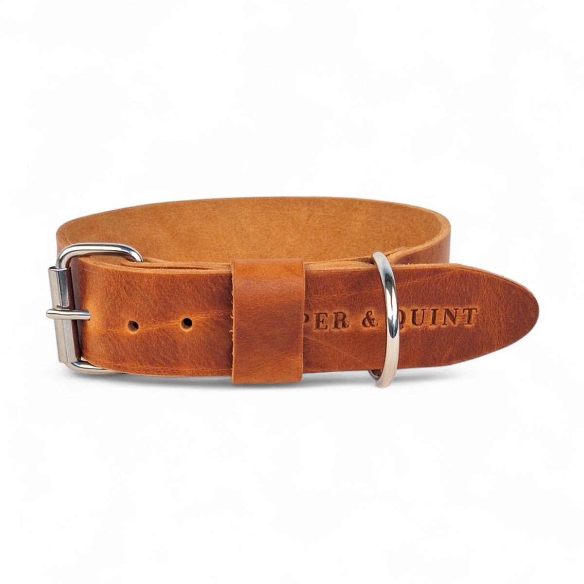 Cooper & Quint Bold Brede Leren Halsband - Camel - Medium - 3 cm - Zilver