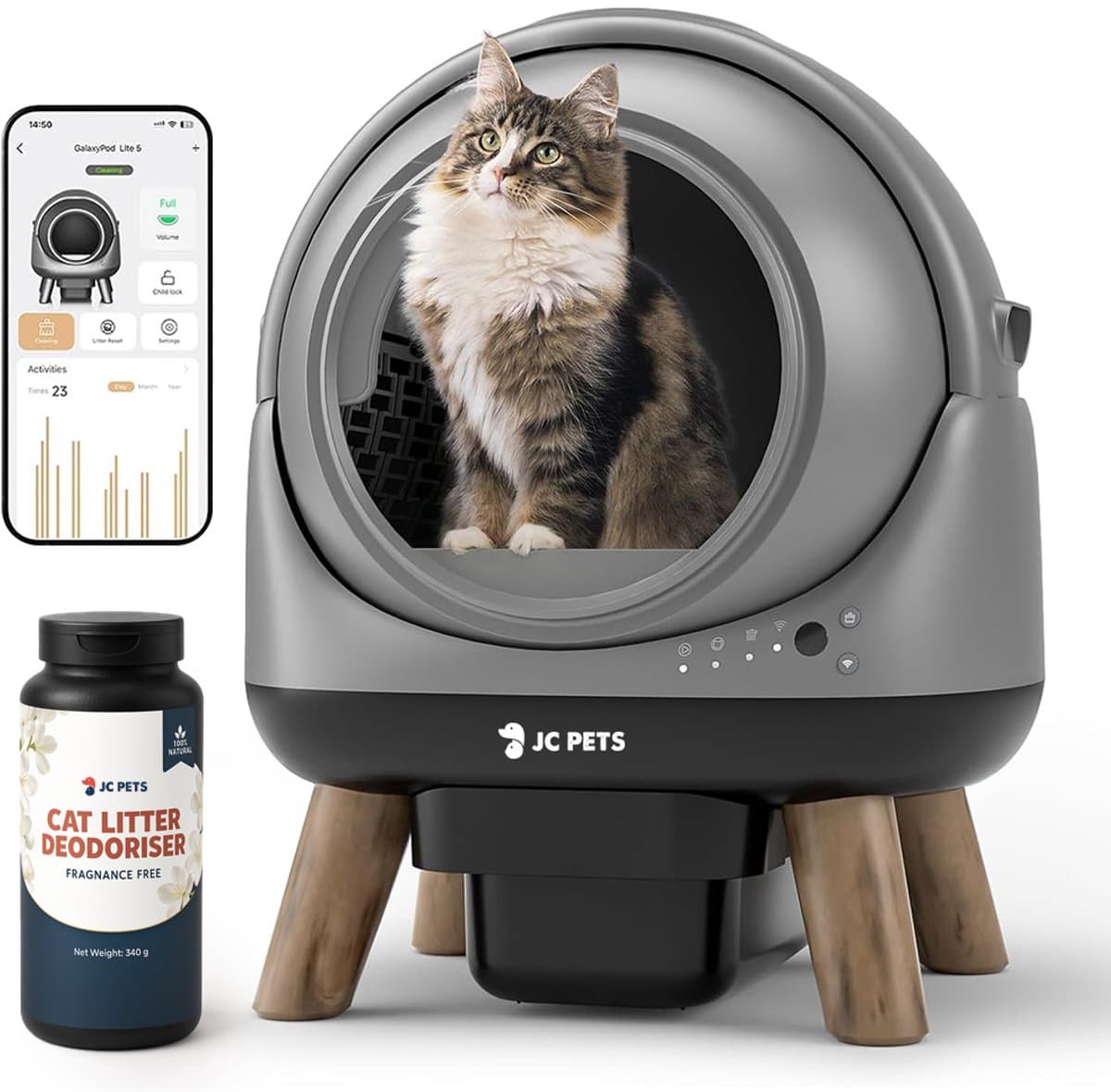JC Pets Zelfreinigende Automatische Kattenbak - Slimme Elektrische Kattenbak XXL 65L – Incl. Uitloopmat & Geurverdrijver – Veiligheidssensoren - Geschikt voor Meerdere Katten - Met app - 8L Afvalbak - 2026 Model - Grijs