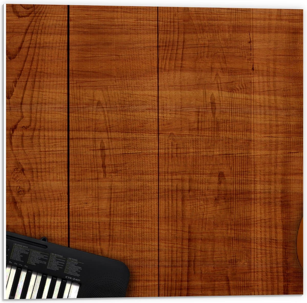 PVC Schuimplaat- Koptelefoon, Piano en Gitaar op Houten Ondergrond - 50x50 cm Foto op PVC Schuimplaat