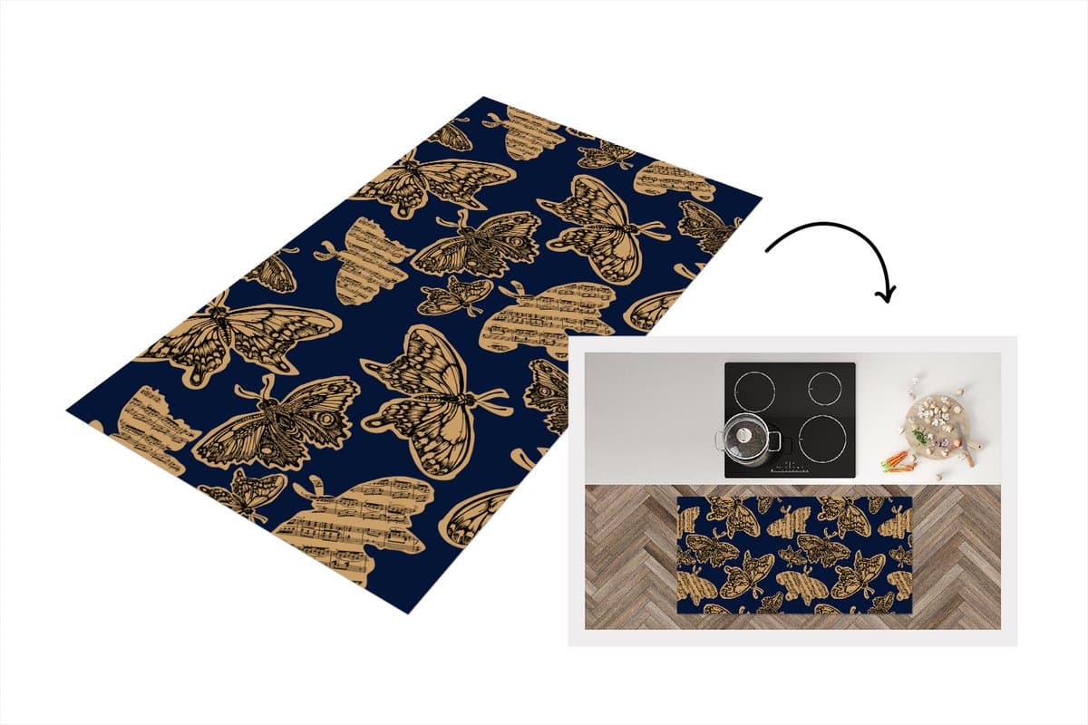 Keukenloper - Loper keuken - Patroon - Muziek - Vlinders - 120x60 cm - Keukenloper vinyl