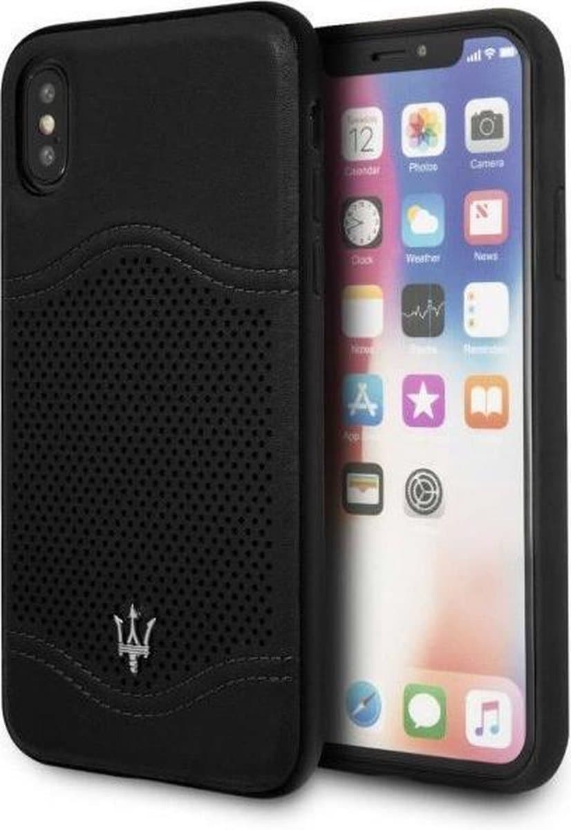 Zwart hoesje van Maserati - Backcover - Granslusso - iPhone X-Xs - Hard Case - Echt leer