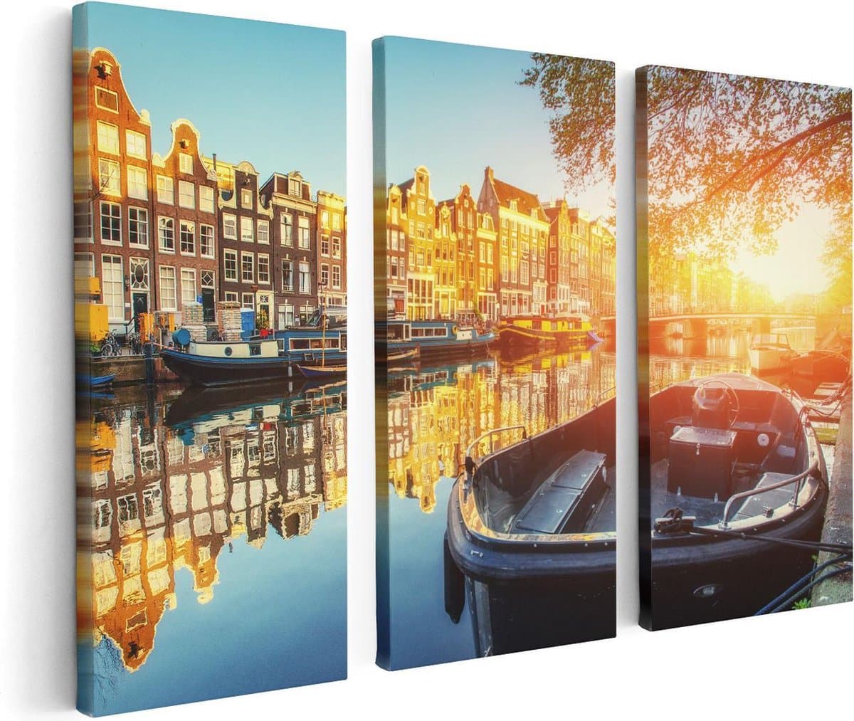 Artaza Canvas Schilderij Drieluik Amsterdamse Brug - Gracht - Met Bloemen - 120x80 - Foto Op Canvas - Canvas Print
