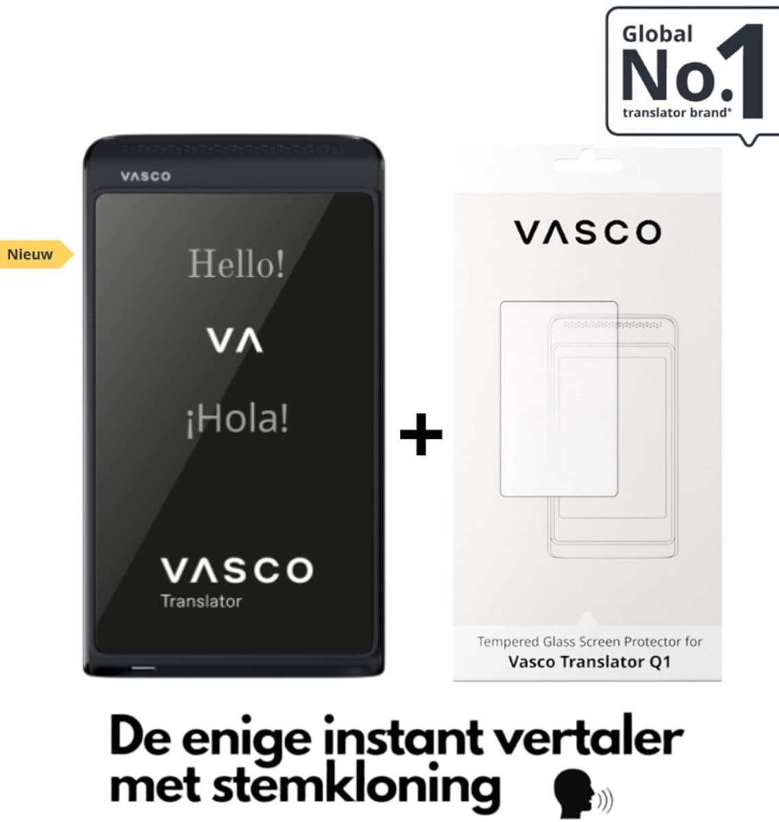 Vasco Translator Q1 Phantom Black AI vertaler + Vasco Screen Protector voor Translator Q1. Nieuw 2025 de enige instant translator met stemkloning telefoongesprekken en handsfree modus gratis Internet foto en telefoon Vertaler