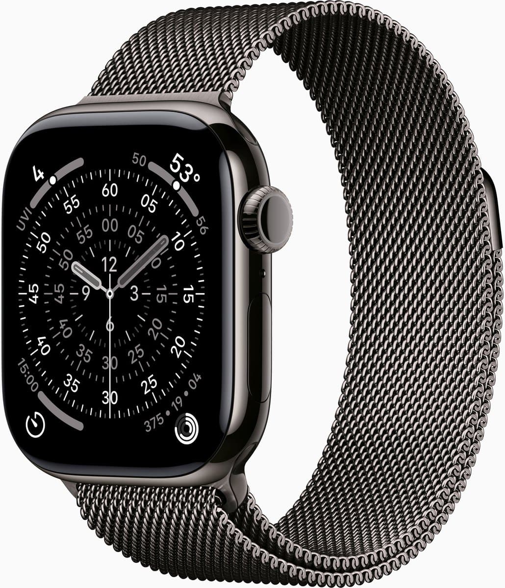 Apple Watch Series 11 GPS + mobiel, 46 mm, leigrijze titanium kast met leigrijze Milanese band - S/M