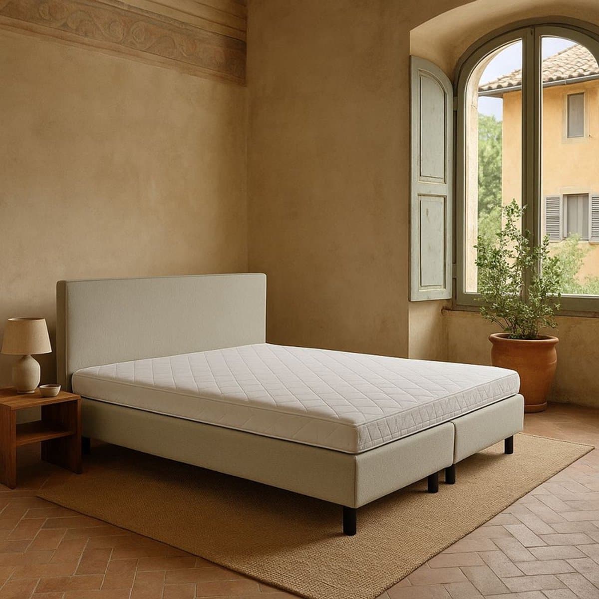 Boxspring Vendita vlak 90x190 cm Luxe Pocketvering Stof beige Gratis 2x Hoofdkussens